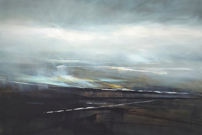 Rivers — serene contemporary landscape painting with flowing water and misty banks.